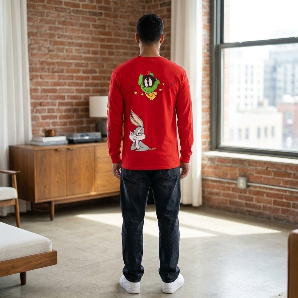 Looney Tunes Tasmanian Devil Bugs Bunny Marvin Martian Red Long Sleeve Shirt L